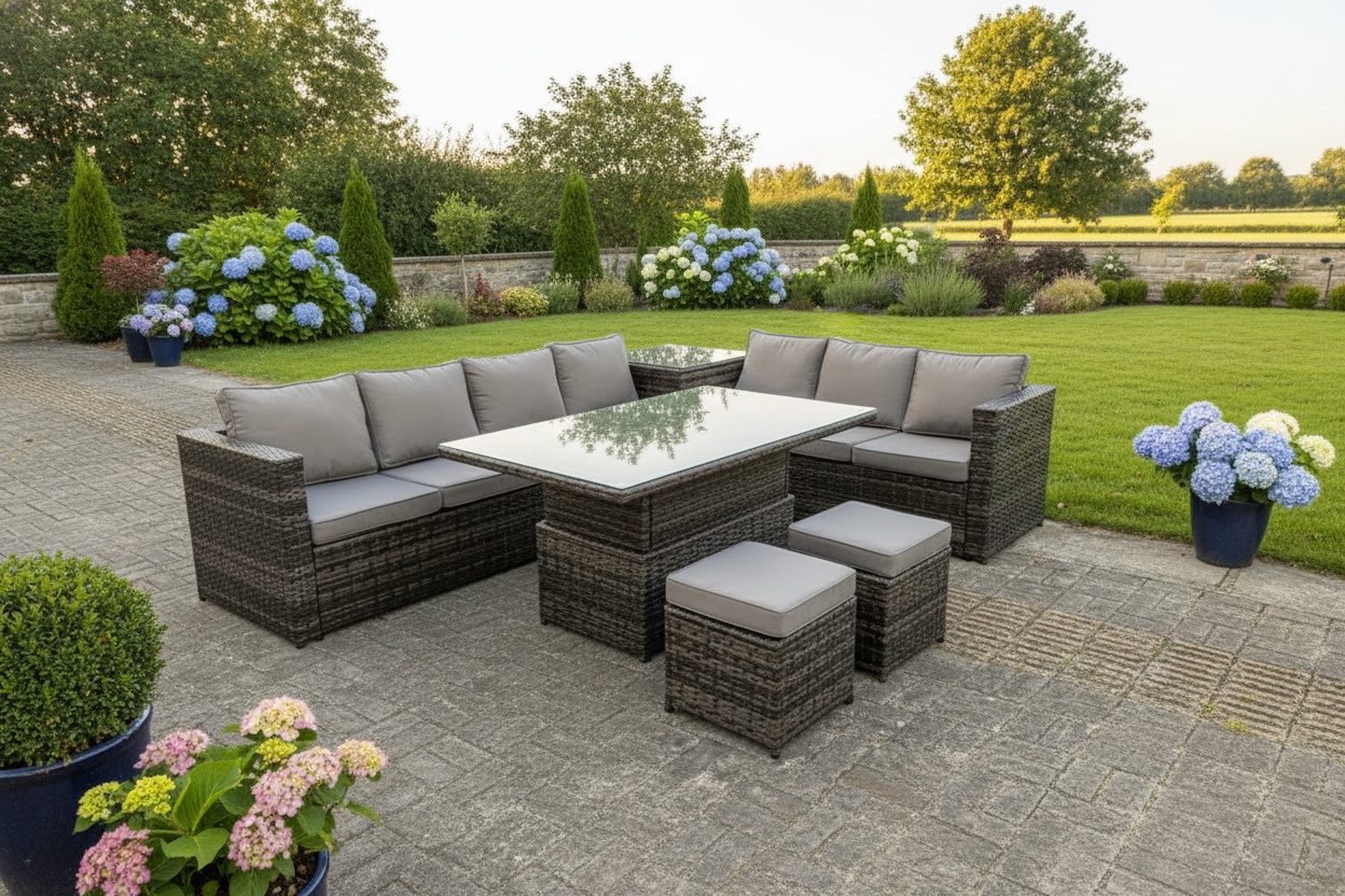 8-Seater Garden Rattan Corner Sofa Set – 2-in-1 Dining & Coffee Table | Wowcher 8-Seater Garden Rattan Corner Sofa Set – 2-in-1 Dining & Coffee Table | Wowcher