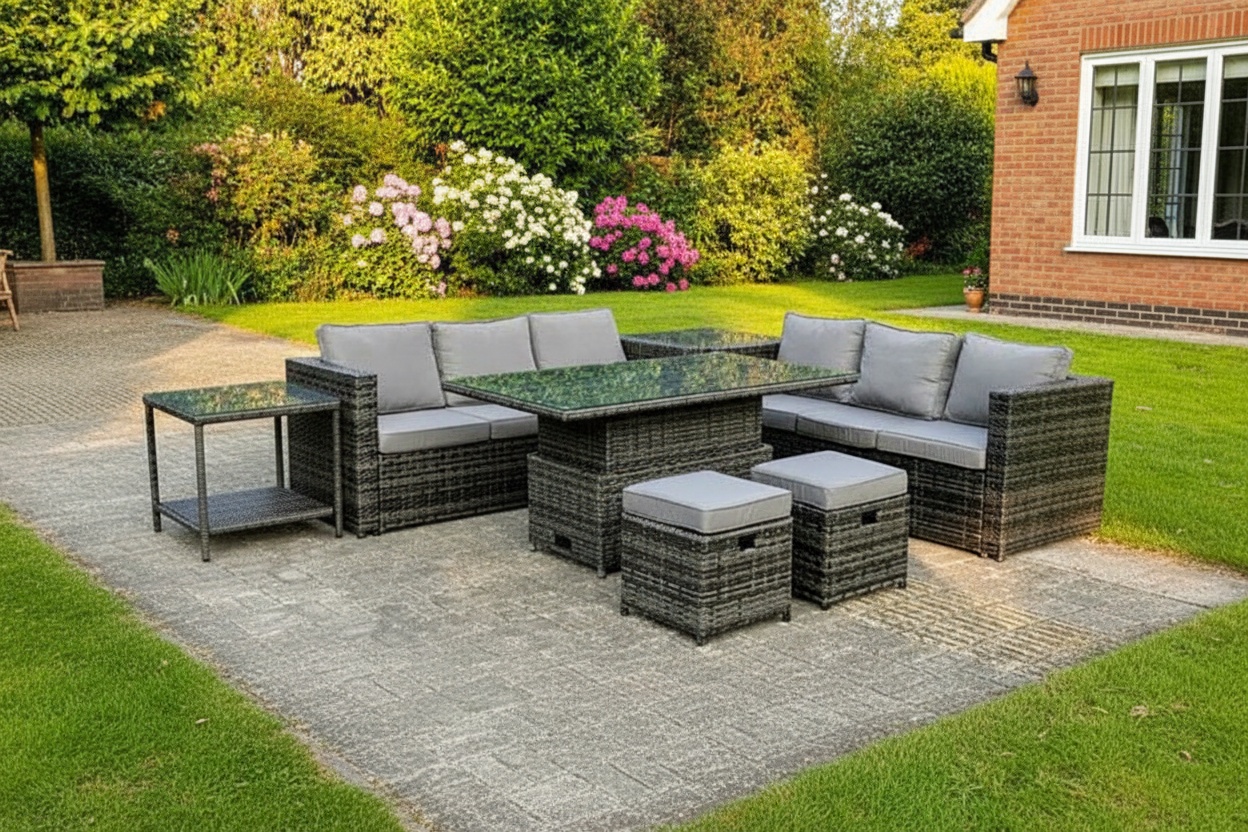 8-Seater Corner Rattan Sofa Set With 2-in-1 Dining & Coffee Table | Wowcher