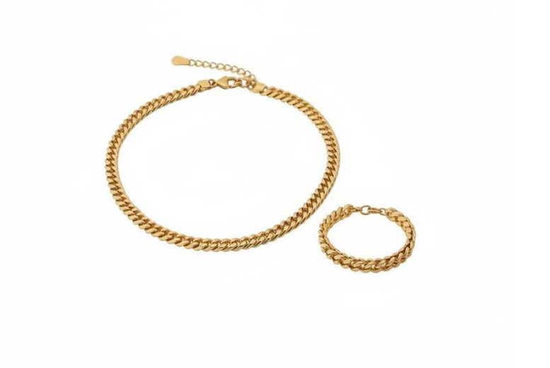 Cubic Curb Chain and Bracelet Set with 18k Gold Plated Finish | Wowcher