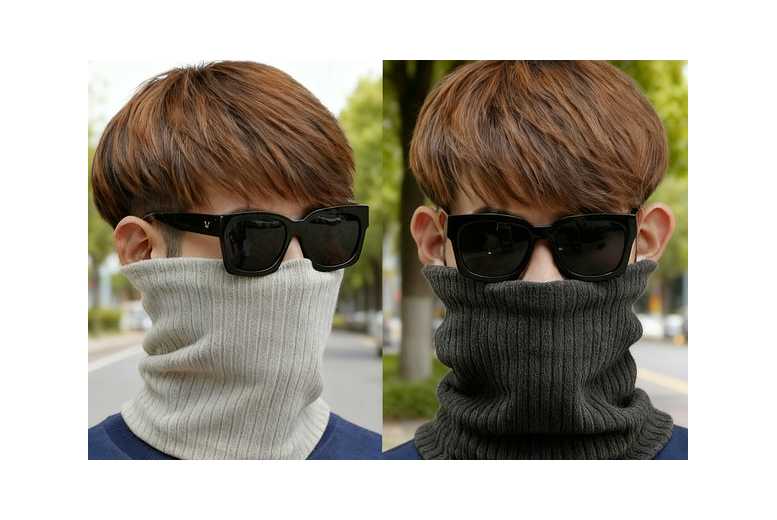 Unisex Black Winter Knitted Fleece Neck Warmer – Double Layer Thermal Scarf, Unisex, Classic Stripe | Wowcher