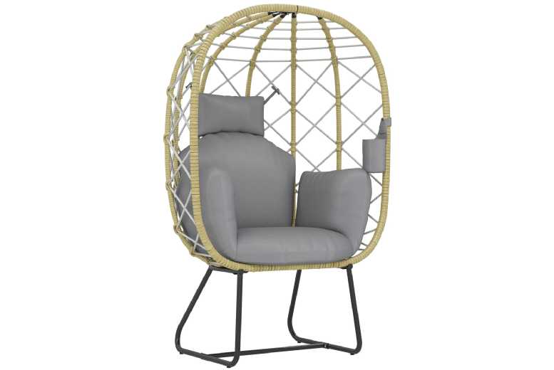 Outsunny Rattan Egg Chair with Cushion & Cup Holder, Grey – Outdoor Garden Seating, Steel Frame, 120kg Capacity | Wowcher