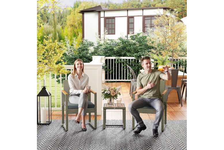 Outsunny Grey 3pc Rattan Bistro Set – Weather-Resistant Garden Chairs & Acacia Table | Wowcher
