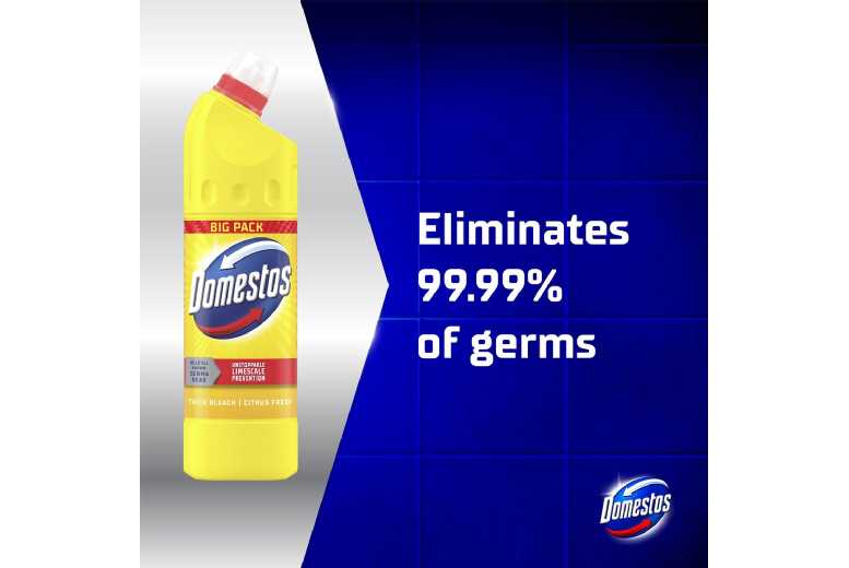 Domestos Thick Bleach Citrus Fresh Toilet & Bathroom Cleaner 1L, 12 Pack – Powerful Multi-Surface, Stain-Removing, Citrus Scent | Wowcher