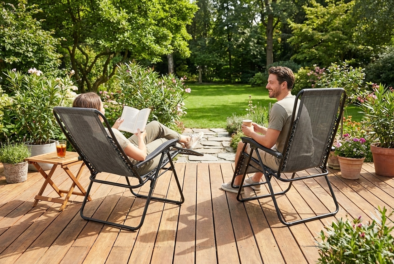 Outsunny Weather-Resistant Folding Garden Chairs - Set of 2, Steel & Mesh, Space-Saving, Grey | Wowcher