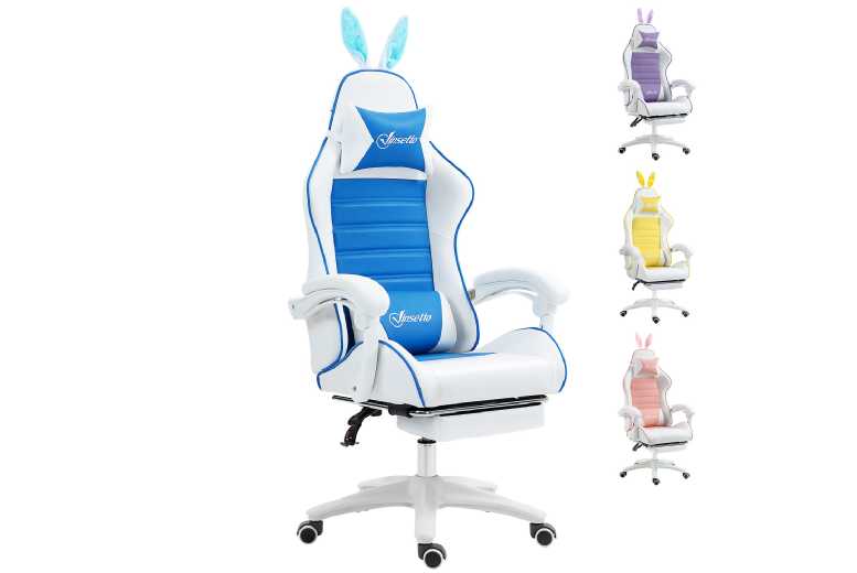 Vinsetto Ergonomic Faux Leather Gaming Chair with Bunny Ears, Adjustable Height & Footrest – Blue | Wowcher