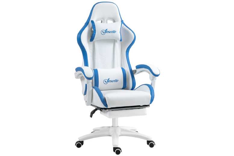 Vinsetto Ergonomic Faux Leather Reclining Gaming & Office Chair with Footrest – Adjustable Height, White & Blue, 120kg Capacity | Wowcher