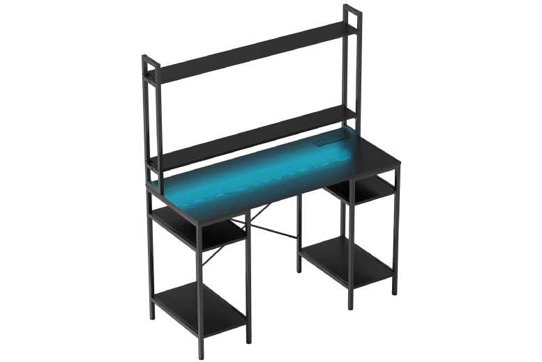 HOMCOM Contemporary Gaming Desk with LED Lighting, Power Sockets & Storage – Black Steel Frame | Wowcher