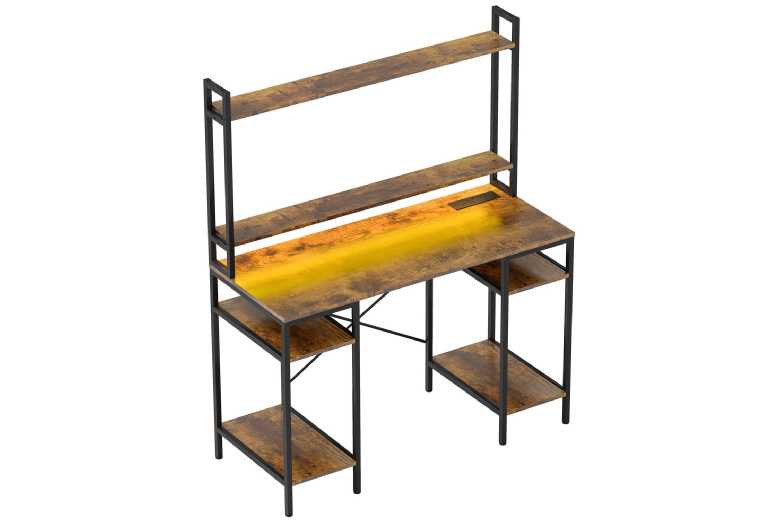 HOMCOM Rustic LED Gaming Desk – Modern Storage Computer Table with Power, RGB Lighting, Hutch, Steel Frame | Wowcher