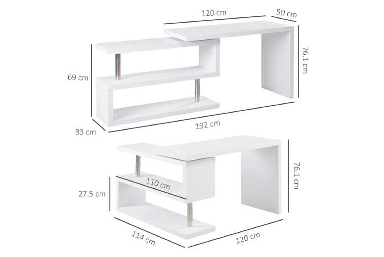 HOMCOM L-Shaped Rotating Corner Desk with Storage Shelves, White - Space-Saving Contemporary Living Room Furniture | Wowcher