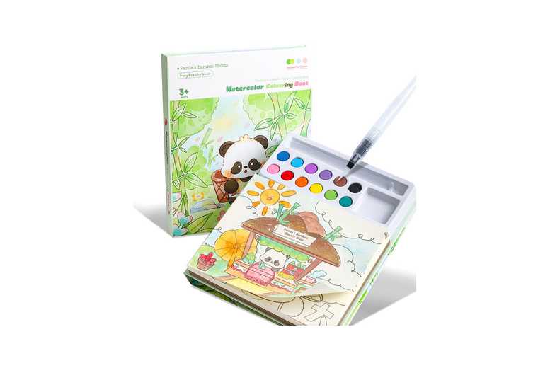 Watercolour Colouring Book for Kids (Ages 4+) – Creative Art Set with 12 Pigment Blocks & Brush | Wowcher