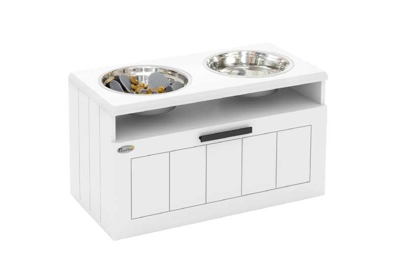 PawHut Elevated Dog Feeder with Slow Bowl & Storage – Large Breed Feeding Station, White | Wowcher