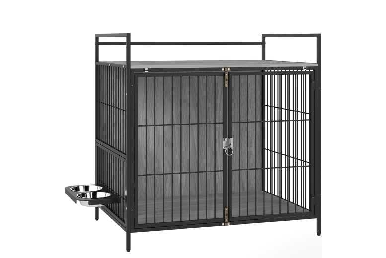 PawHut Medium Dog Crate Furniture with Rotating Bowls & Double Doors – Secure, Stylish, Multi-Functional | Wowcher