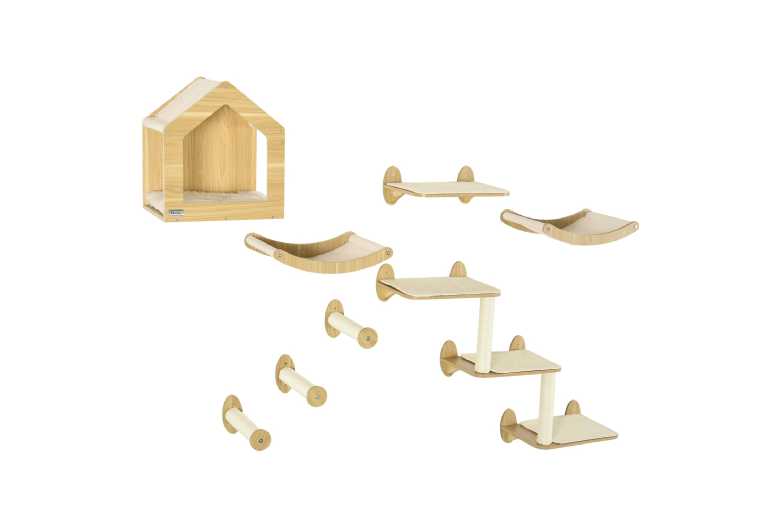 PawHut 8PC Cat Wall Set – Space-Saving Multi-Level Cat Tree with Condo, Perches & Scratching Posts | Wowcher