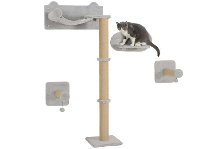 PawHut 4PC Cat Wall Set – Plush Space-Saving Cat Tree with Ladder, Scratching Post & Interactive Balls, Grey | Wowcher