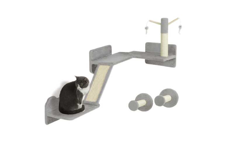 PawHut 3PC Cat Wall Climbing Set – Space-Saving Multi-Level Cat Tree, Plush Grey, Scratching Posts & Toys | Wowcher