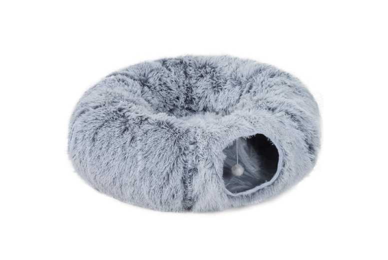 PawHut Plush 2-in-1 Cat Tunnel Bed with Toy Ball, Foldable, Grey – Interactive Play & Rest Station | Wowcher