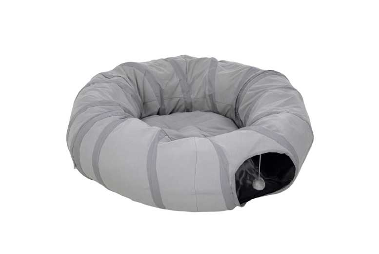 PawHut Cat Tunnel & Bed Combo – Interactive Suede Play Tunnel with Peek Hole & Hanging Ball, Space-Saving, Grey | Wowcher