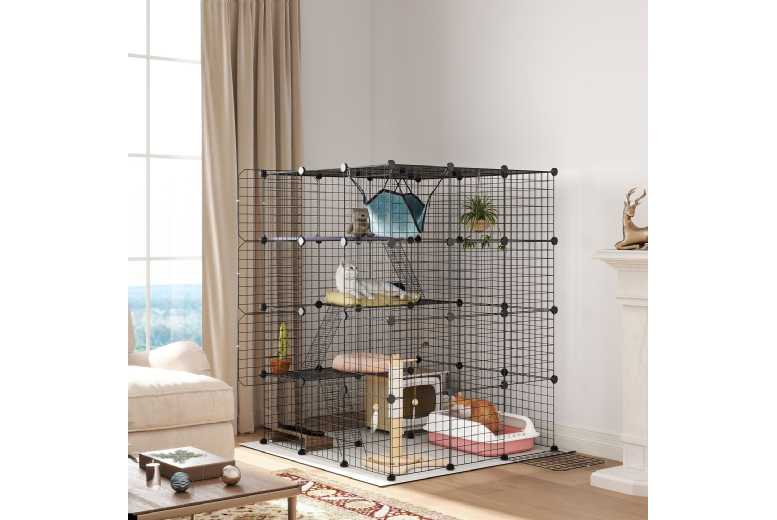 PawHut Steel Multi-Level Cat Cage with Hammock, Ramps & Doors – Black, Spacious Indoor Catio | Wowcher