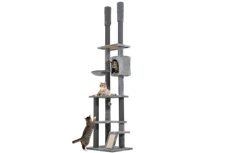 PawHut Multi-Level Plush Cat Tree with Ramp & Condo, Adjustable 225-255cm, Space-Saving Grey | Wowcher
