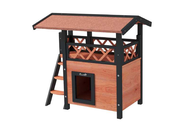 PawHut Outdoor Cat House with Balcony, Weatherproof Fir Wood, Multi-Level Shelter, 77 x 50 x 73 cm | Wowcher