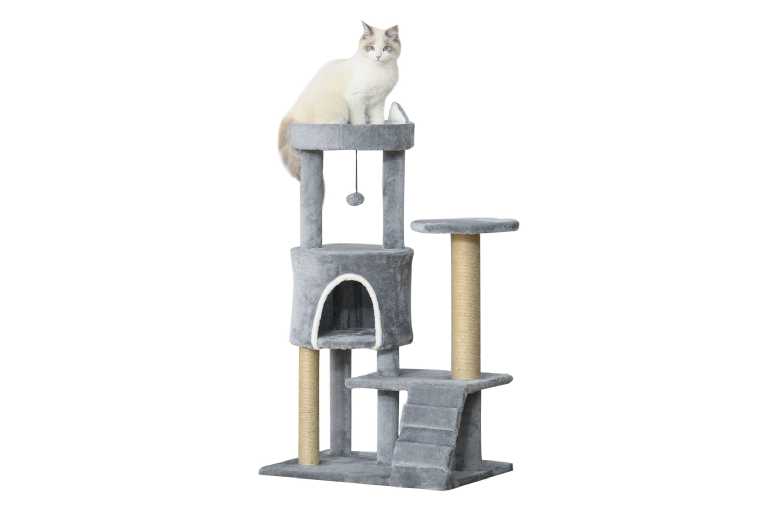 PawHut 100cm Multi-Level Cat Tree with Ladder & Jute Scratching Posts – Plush Grey Activity Tower | Wowcher