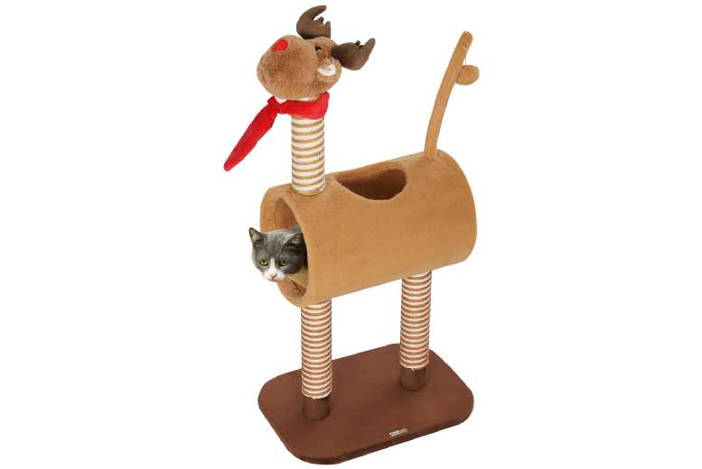 PawHut 98cm Plush Deer Cat Tree with Scratching Posts, Tunnel & Toy – Brown | Wowcher
