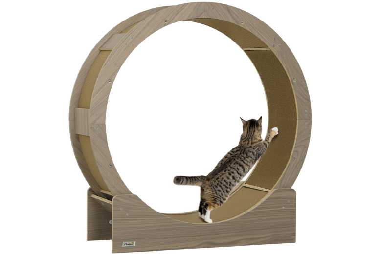PawHut Interactive Cat Wheel & Scratch Pad – Walnut Brown, Sturdy Cat Tree with Brake, Corrugated Scratching Surface, Indoor Exercise Toy | Wowcher