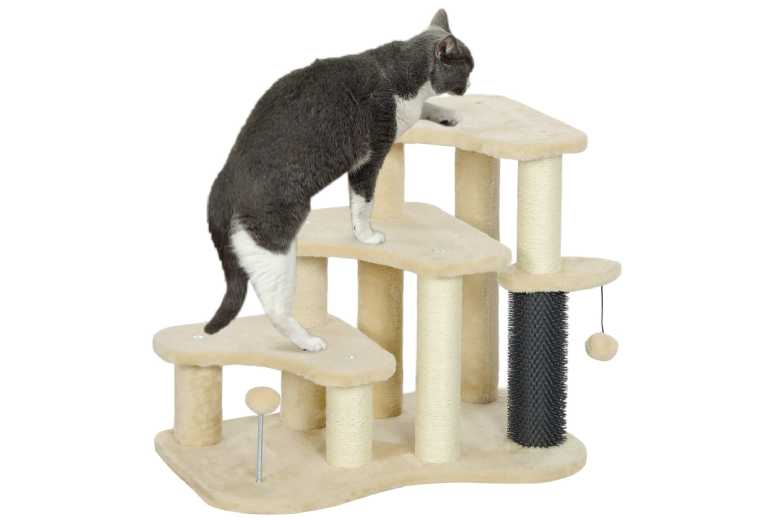 PawHut Multi-Level Cat Tree & Pet Stairs with Sisal Scratch Post, Plush Platforms, and Toy Balls – Space-Saving Indoor Tower (60cm) | Wowcher