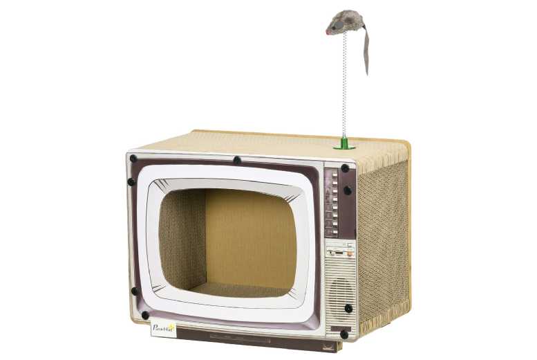 PawHut TV-Shaped Corrugated Cardboard Cat Scratcher House with Toy Mouse & Catnip – Interactive Enrichment, Durable, Space-Saving | Wowcher