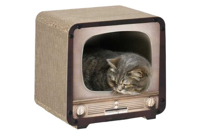 PawHut 2-in-1 Cardboard Cat Scratcher House with Catnip – Vintage TV Style, Brown, For Small Cats | Wowcher