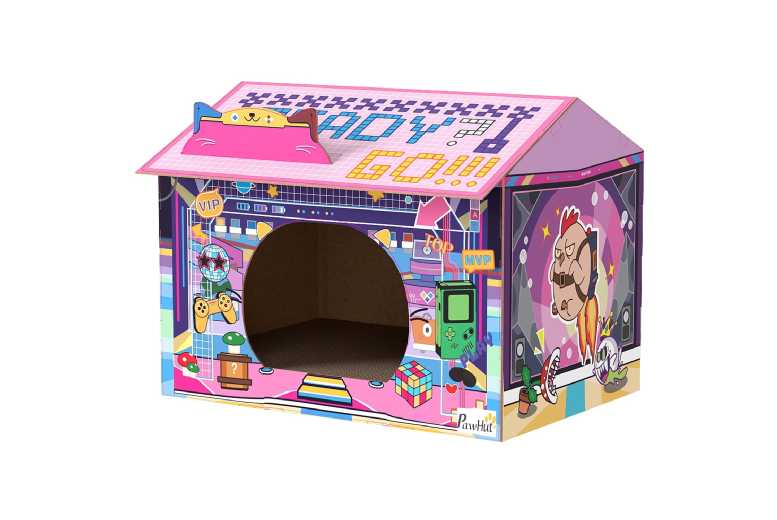 PawHut Pink Cardboard Cat House & Scratcher with Catnip – Arcade-Style Hideaway | Wowcher