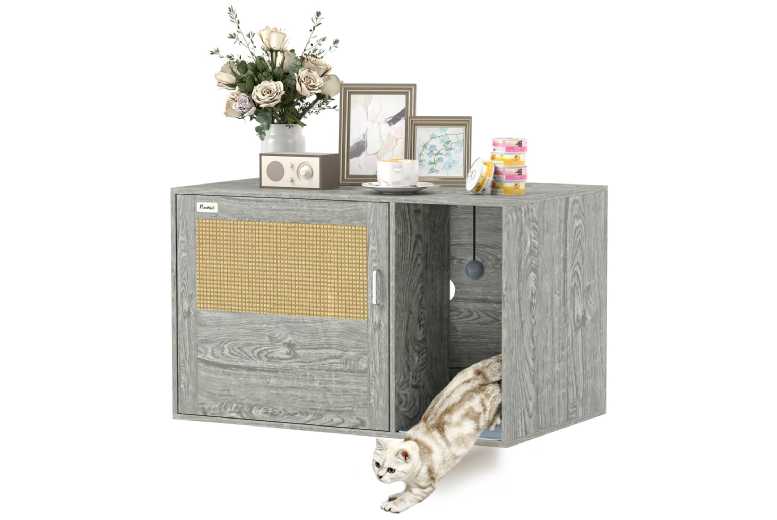 PawHut Boho Cat Litter Box Cabinet, Rattan Door, Grey, Multi-Function Side Table | Wowcher