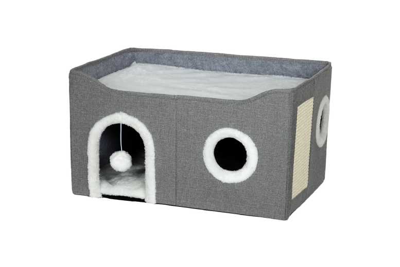 PawHut Foldable Cat House with Sisal Scratch Pad & Plush Ball Toy, Space-Saving Grey Cat Cave | Wowcher