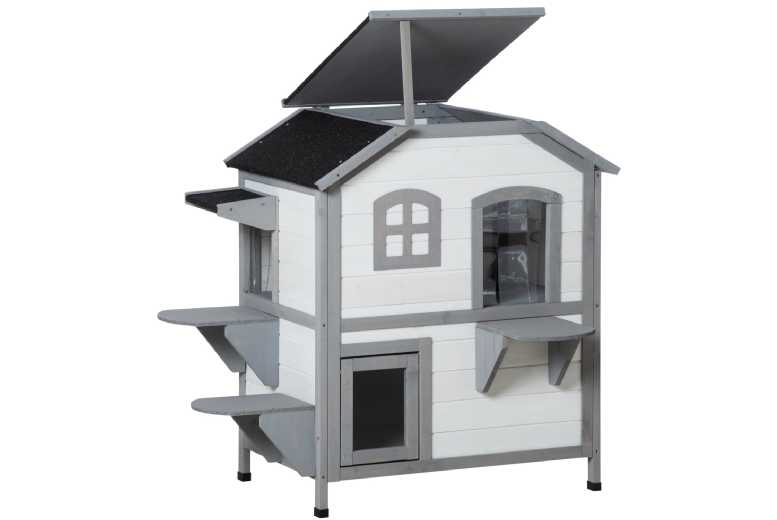 PawHut 2-Story Wooden Cat House with Escape Door – Multi-Level Outdoor/Indoor Shelter | Wowcher