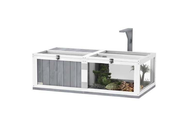 PawHut Tortoise & Reptile House with Lamp Holder, Easy-Clean Tray, Spacious Grey Enclosure | Wowcher