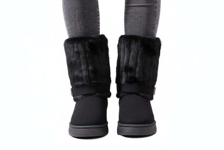 Unisex Black Fold Over Furry Snow Boots with Thick Sole and Buckle Flair | Wowcher