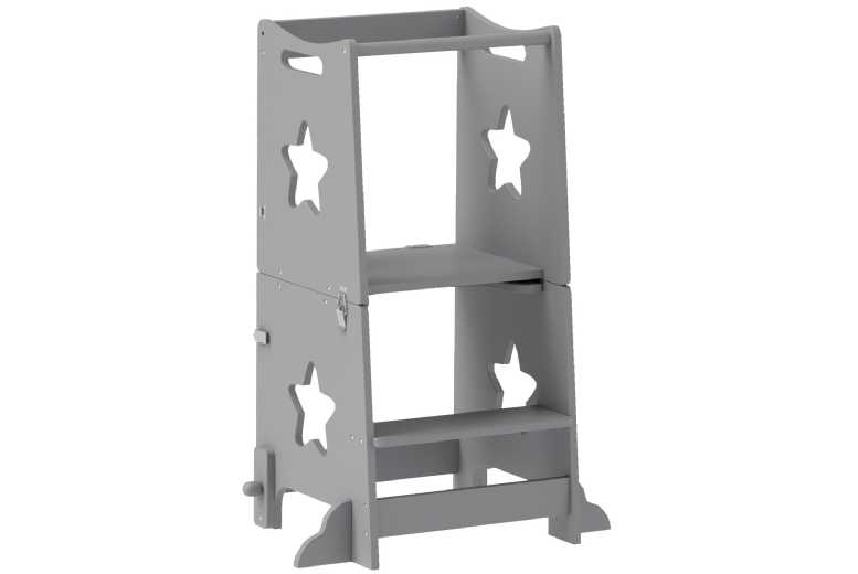 2-in-1 Solid Pine Toddler Step Stool with Safety Rail - Adjustable, Multi-Function, 30kg Capacity - Scandi Grey | Wowcher