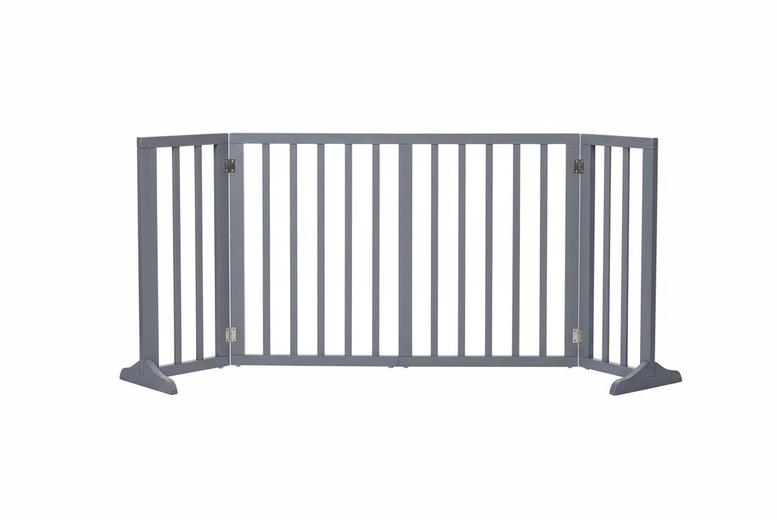 Freestanding 4-Panel Wooden Dog Gate – Foldable, Grey Finish & Perfect for All Dog Breeds | Wowcher