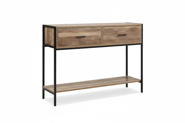 Rustic Console Table - Metal Frame, Spacious Storage & Slim Design | Wowcher