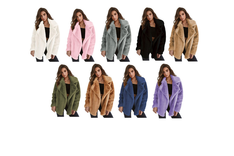 Black Women's Mid to Long Faux Fur Lapel Jacket in Versatile Colors | Wowcher