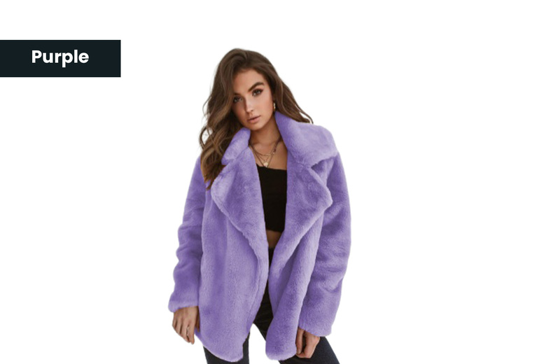 Purple/UK10: Women's Mid to Long Faux Fur Lapel Jacket in Versatile Colors | Wowcher