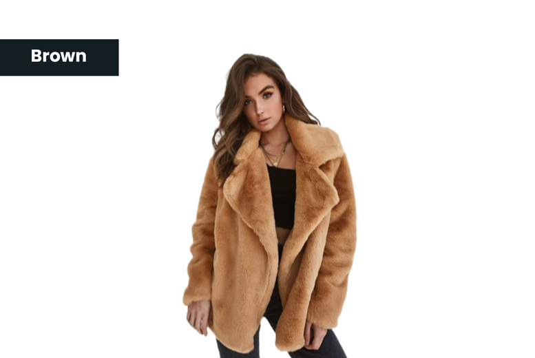 Brown/UK10: Women's Mid to Long Faux Fur Lapel Jacket in Versatile Colors | Wowcher
