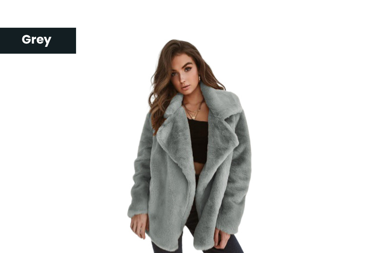 Grey/UK10: Women's Mid to Long Faux Fur Lapel Jacket in Versatile Colors | Wowcher