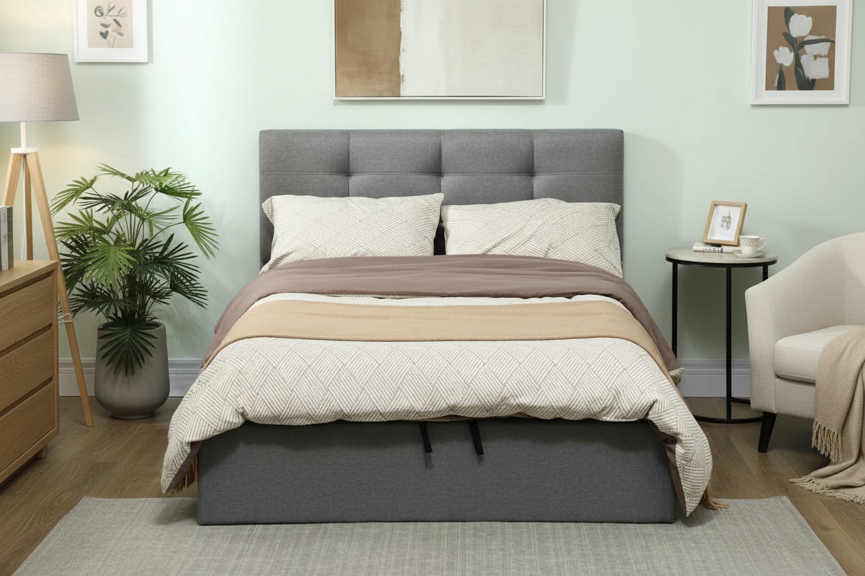 4ft6 Double Ottoman Bed Frame with Gas Lift Storage - Grey Linen Upholstery, Modern Tufted Headboard | Wowcher