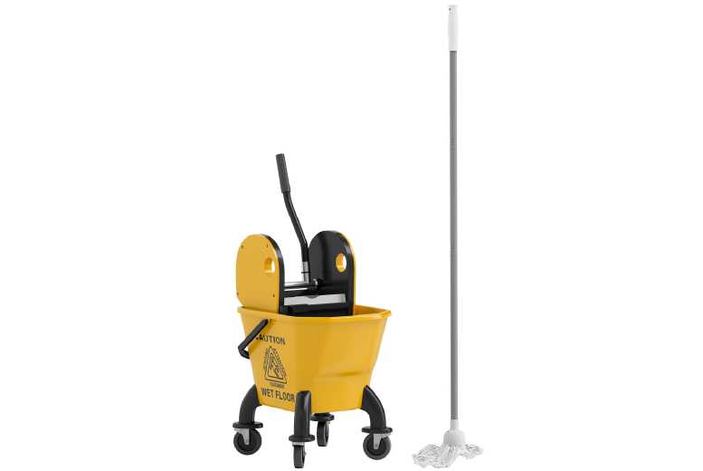 26L Commercial Mop Bucket with Wringer & Mop - Heavy-Duty, Easy-Roll, High-Visibility Yellow | Wowcher