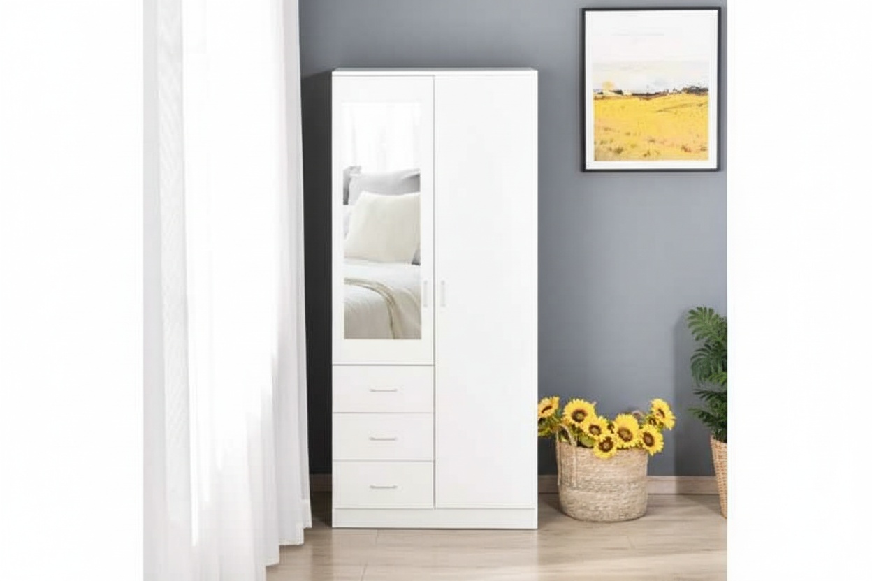 White 2-Door Wardrobe with Mirror, 3 Drawers & Adjustable Shelf - Modern Bedroom Storage | Wowcher