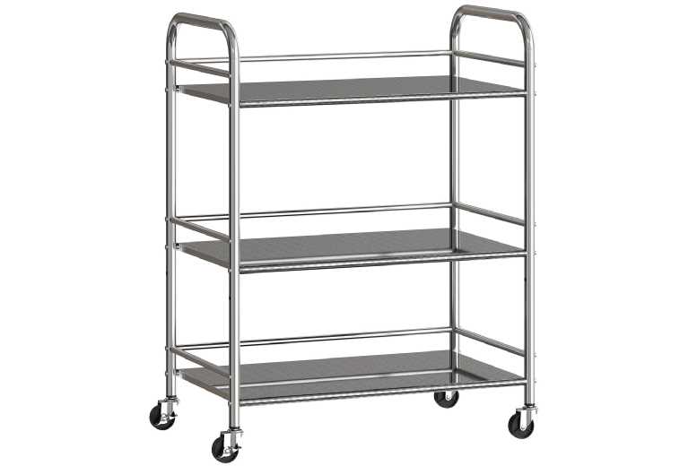 3-Tier Stainless Steel Kitchen Storage Trolley - Mobile Organiser, Heavy-Duty, 60x35x77cm, Silver | Wowcher
