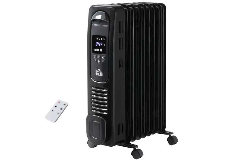 2180W 9-Fin Oil Filled Radiator with Digital Timer & Remote - Adjustable Heat, Portable, Black | Wowcher