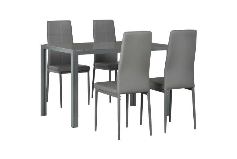 5pc Grey Glass Dining Table Set with 4 Faux Leather Chairs - Modern Metal Frame, Seats 4 | Wowcher