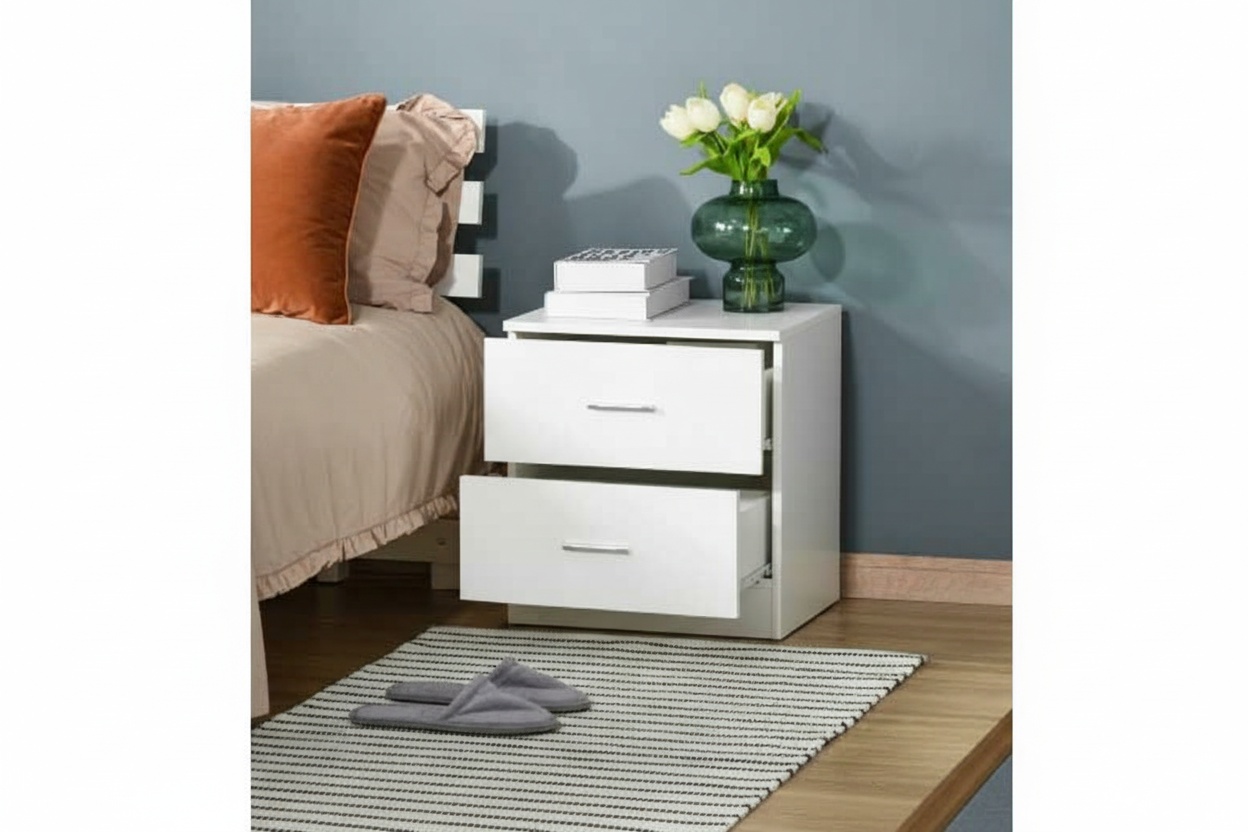 White 2-Drawer Bedside Table - Modern Particle Board Nightstand with Storage Drawers | Wowcher